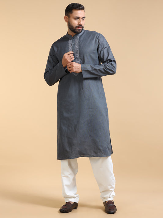 Charcoal Grey Cotton Linen Kurta Pajama Set for Men