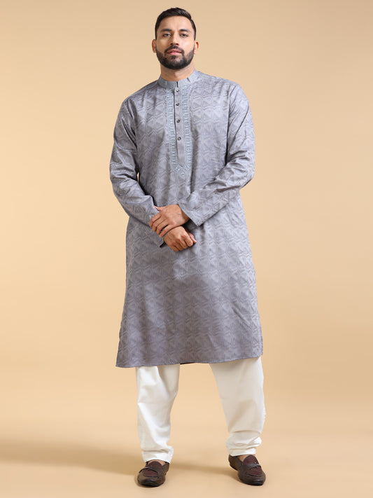 Grey Jacquard Kurta Set for Men with White Pyjama