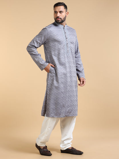 Grey Jacquard Kurta Set for Men with White Pyjama