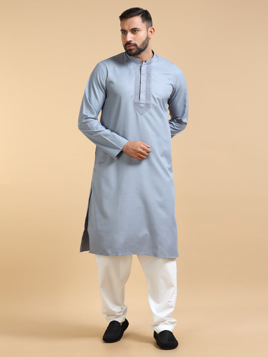 Men's Light Grey Kurta Pajama Set