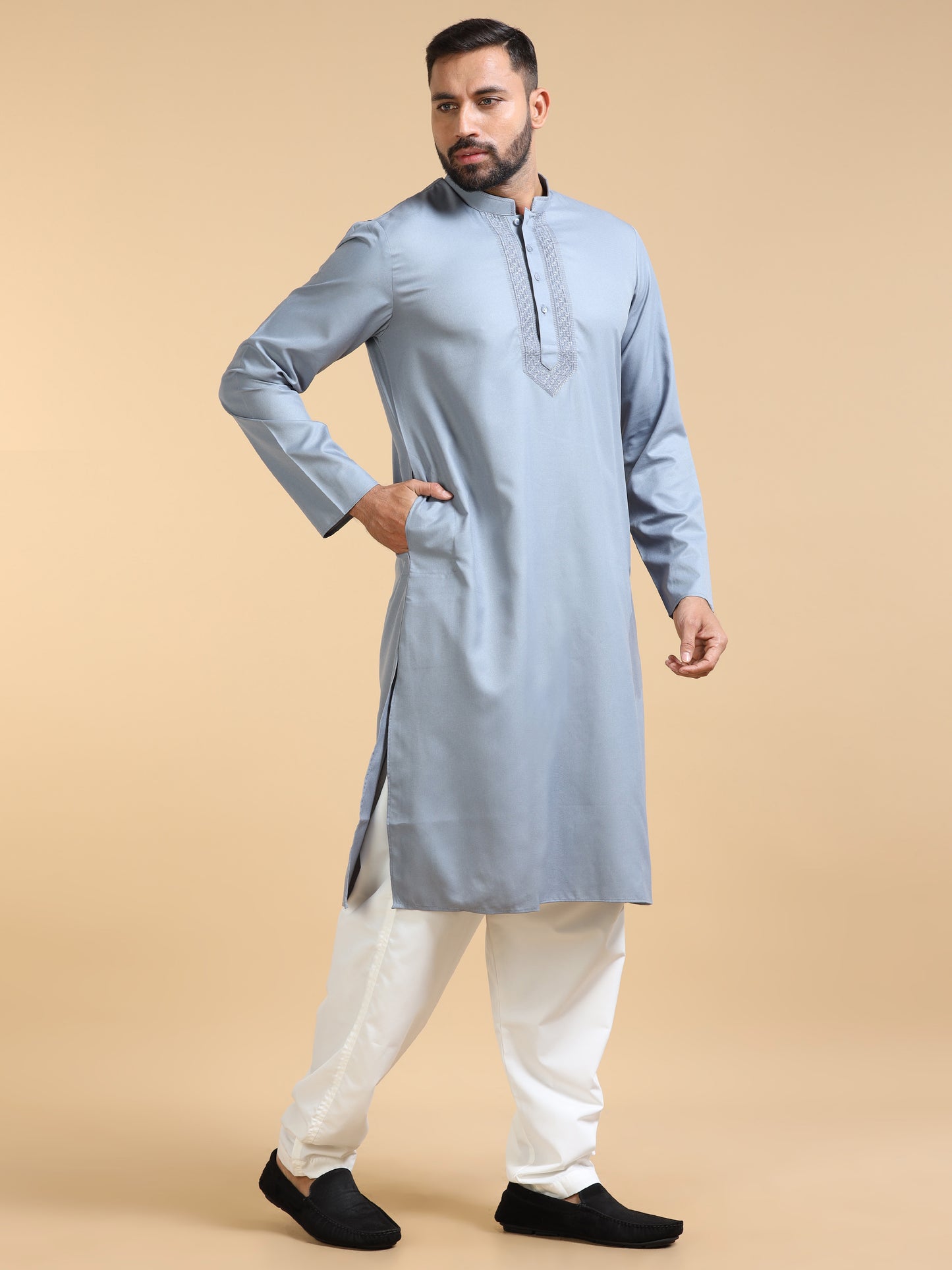 Men's Light Grey Kurta Pajama Set
