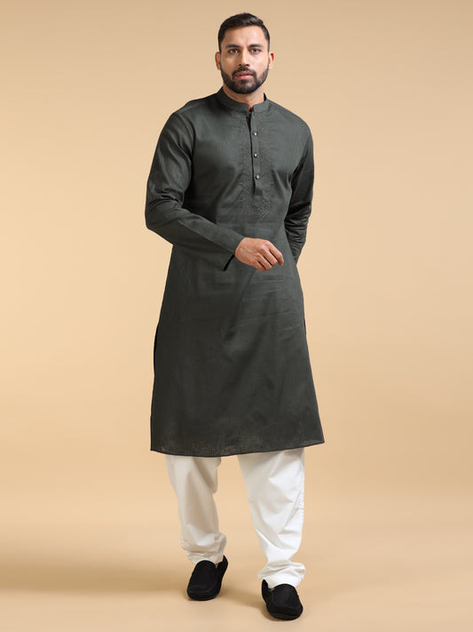 Olive Green Cotton Linen Kurta Pajama Set for Men