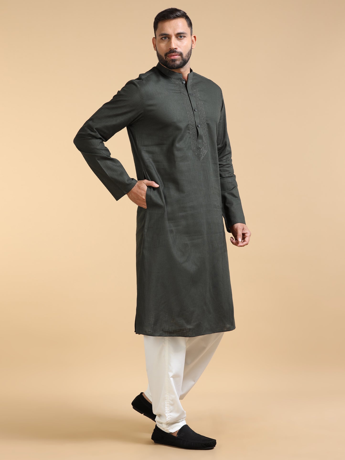 Olive Green Cotton Linen Kurta Pajama Set for Men