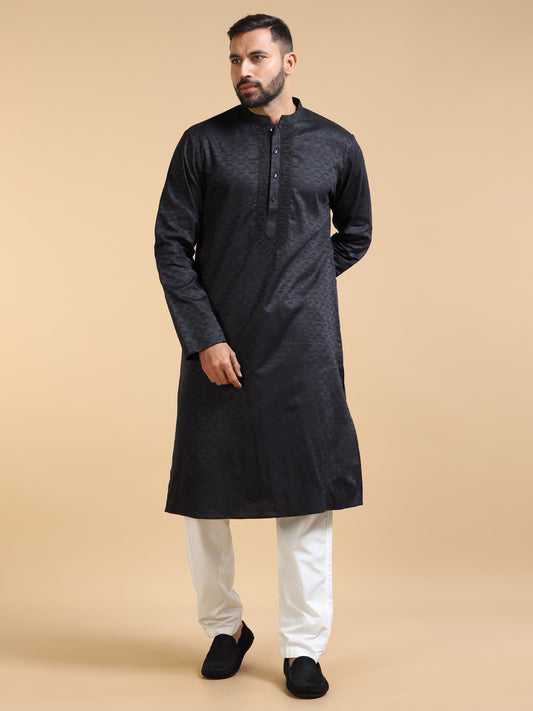 Black Jacquard Kurta Set for Men with White Pyjama