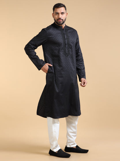 Black Jacquard Kurta Set for Men with White Pyjama
