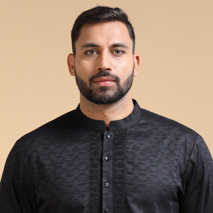 Black Jacquard Kurta Set for Men with White Pyjama