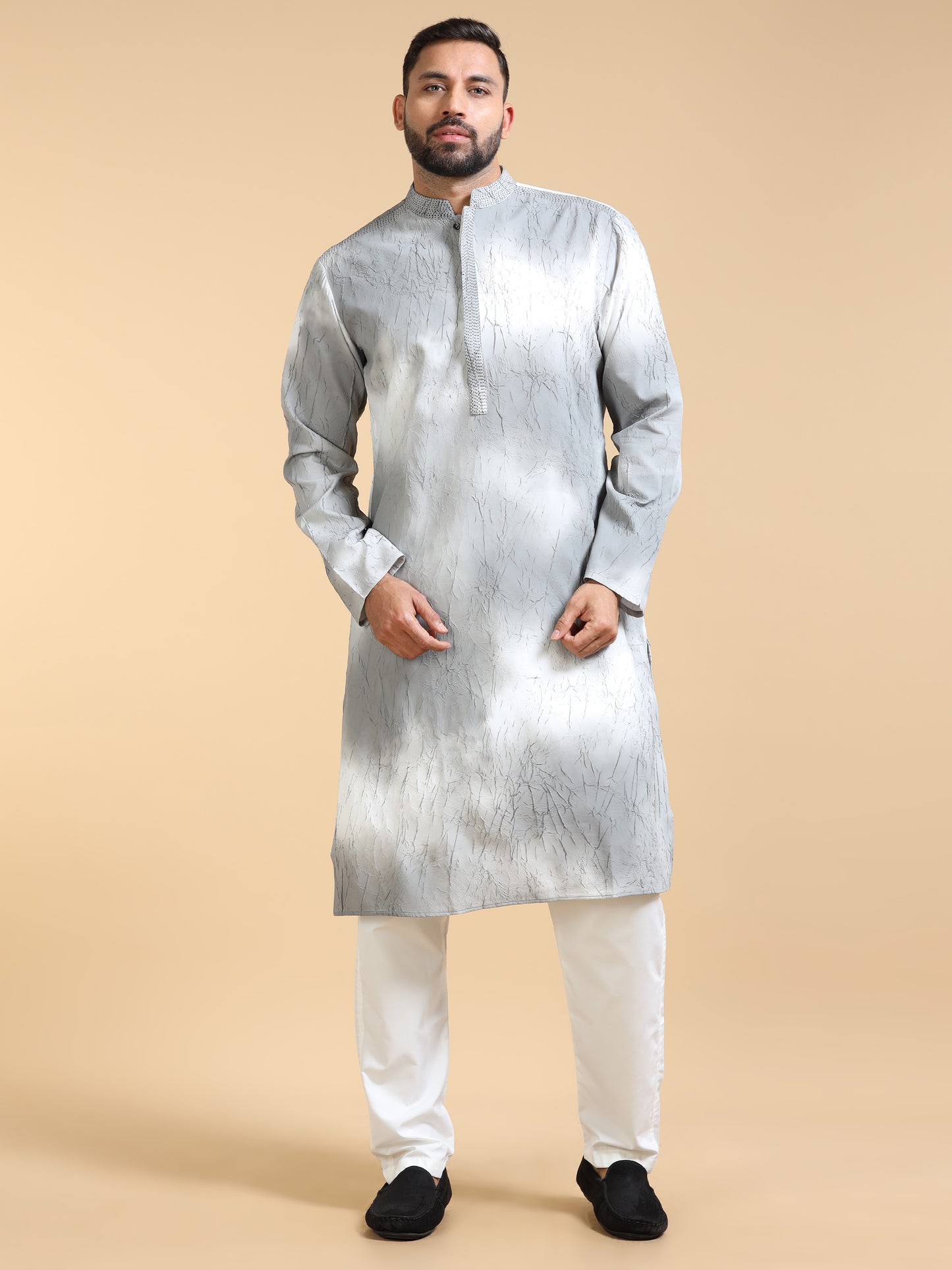 Men’s Grey Double Toned Crush Pattern Kurta Set