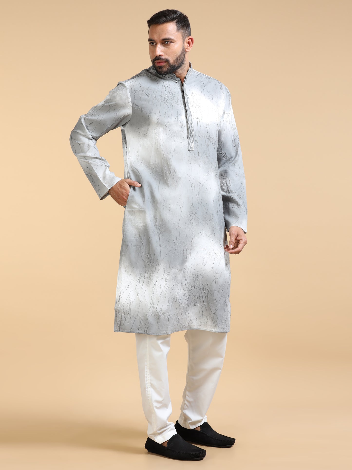 Men’s Grey Double Toned Crush Pattern Kurta Set