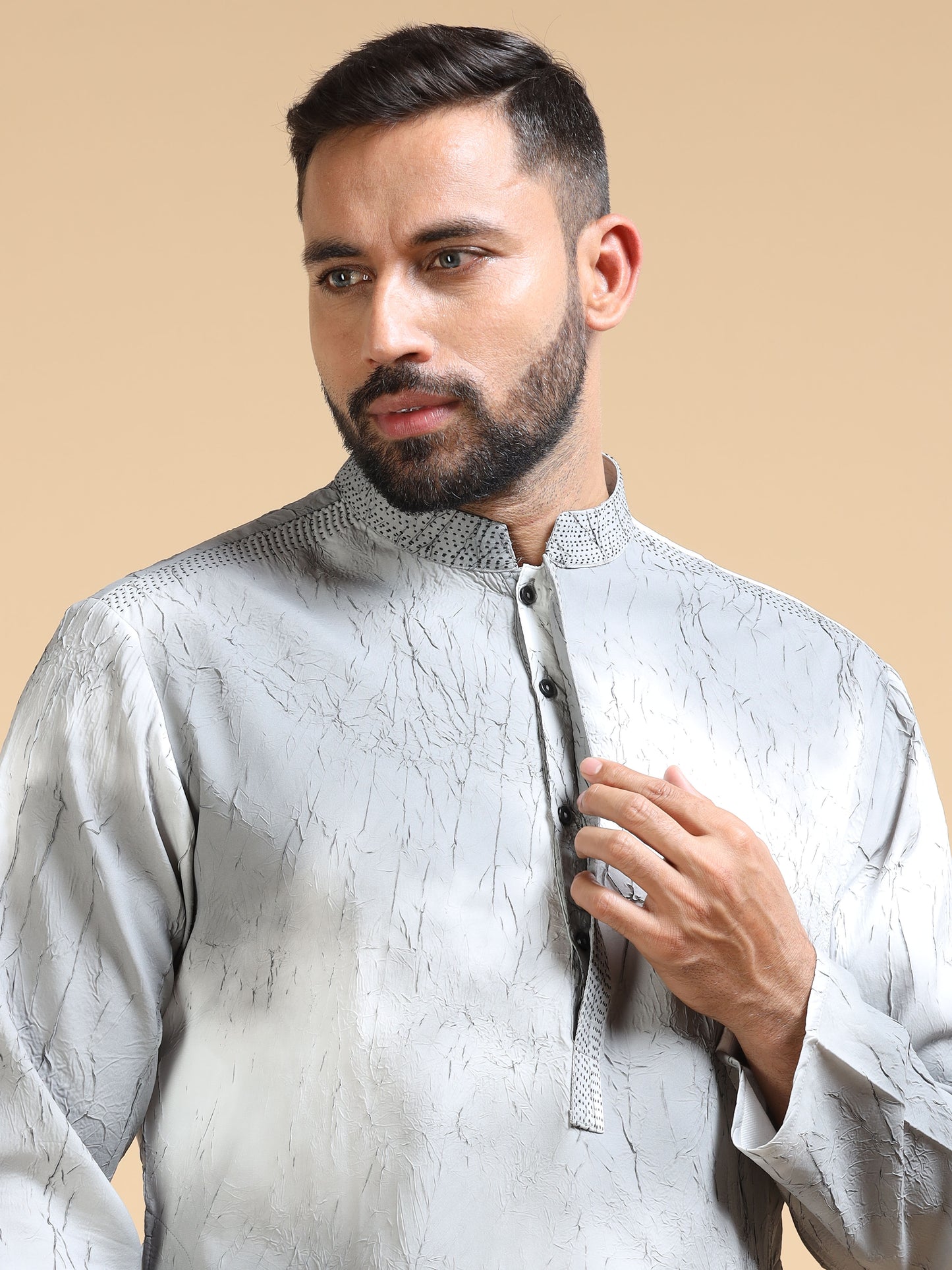 Men’s Grey Double Toned Crush Pattern Kurta Set