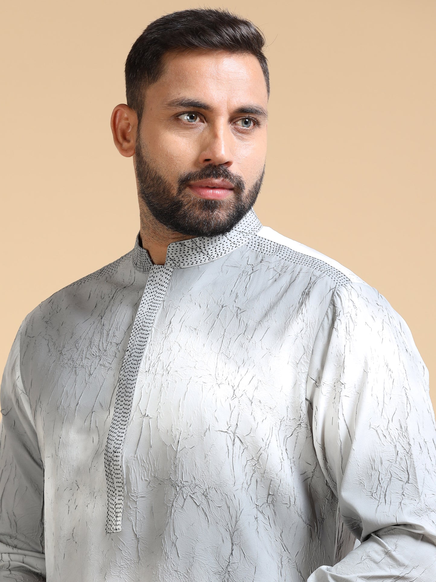 Men’s Grey Double Toned Crush Pattern Kurta Set