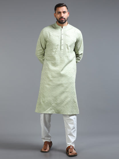 Pastel Green Jacquard Kurta Set for Men with White Pyjama