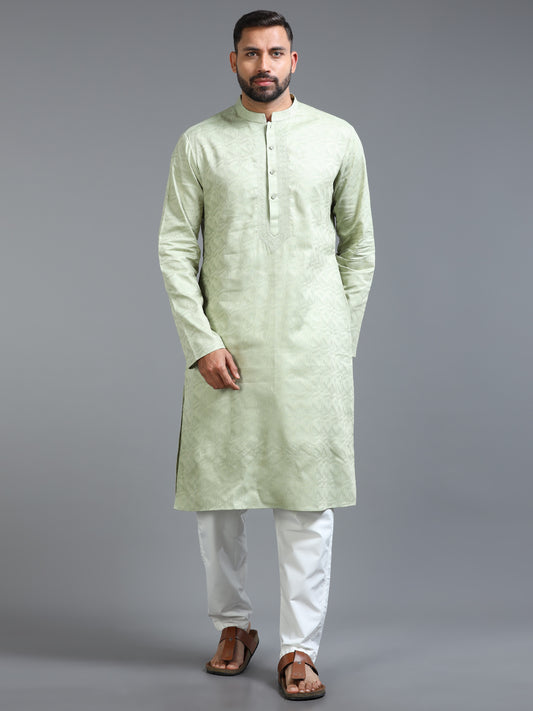 Pastel Green Jacquard Kurta Set for Men with White Pyjama