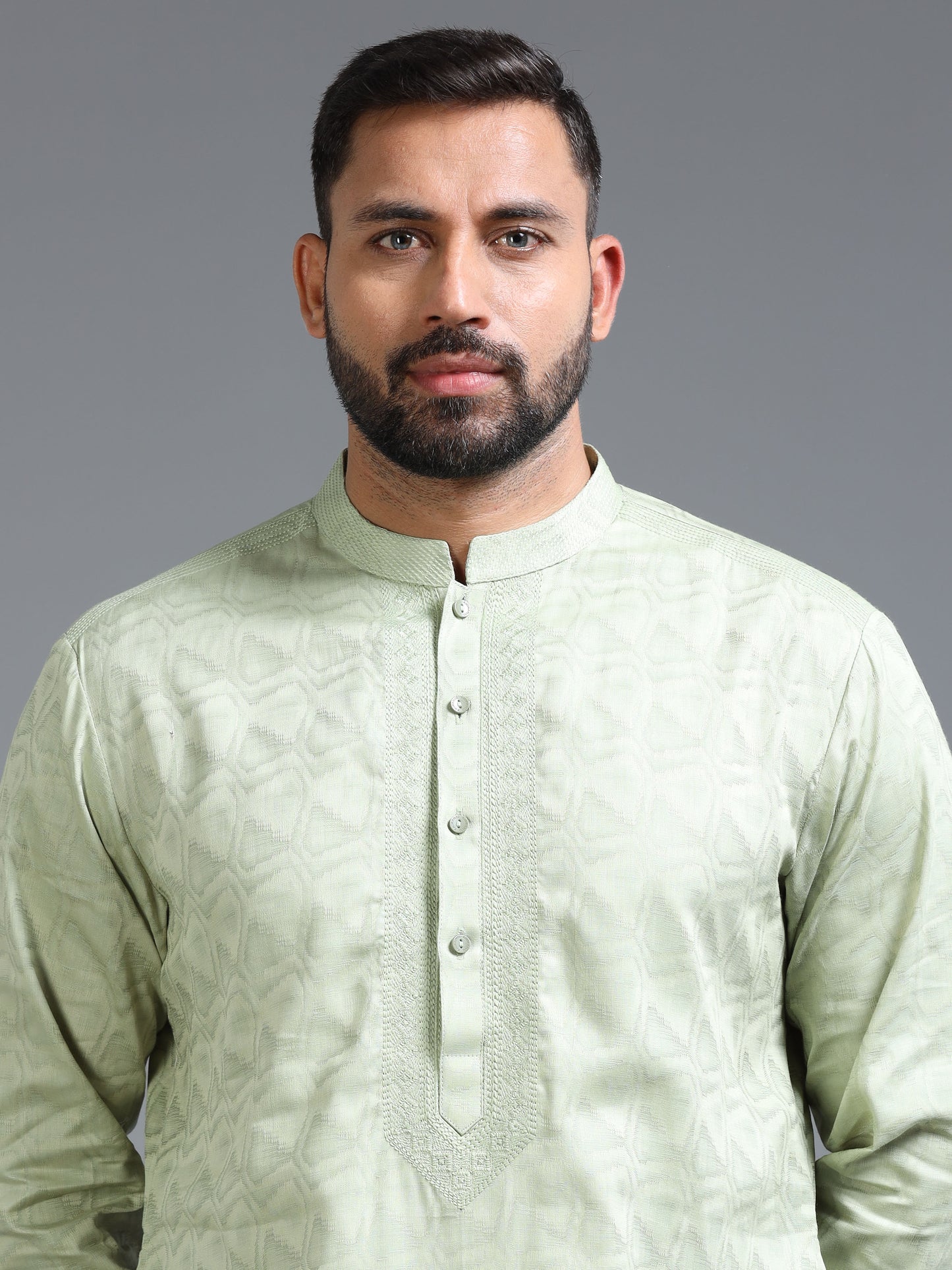 Pastel Green Jacquard Kurta Set for Men with White Pyjama