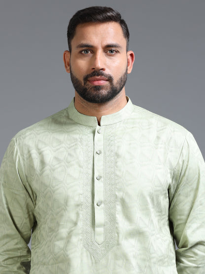 Pastel Green Jacquard Kurta Set for Men with White Pyjama