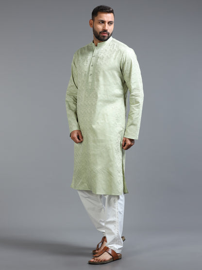Pastel Green Jacquard Kurta Set for Men with White Pyjama