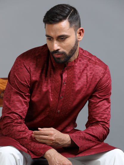 Red Jacquard Kurta Set for Men with White Pyjama