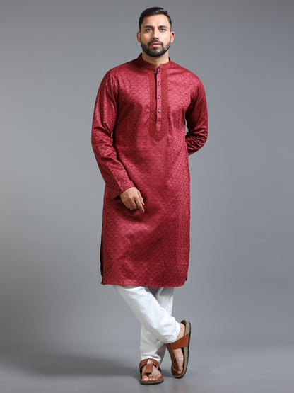 Red Jacquard Kurta Set for Men with White Pyjama