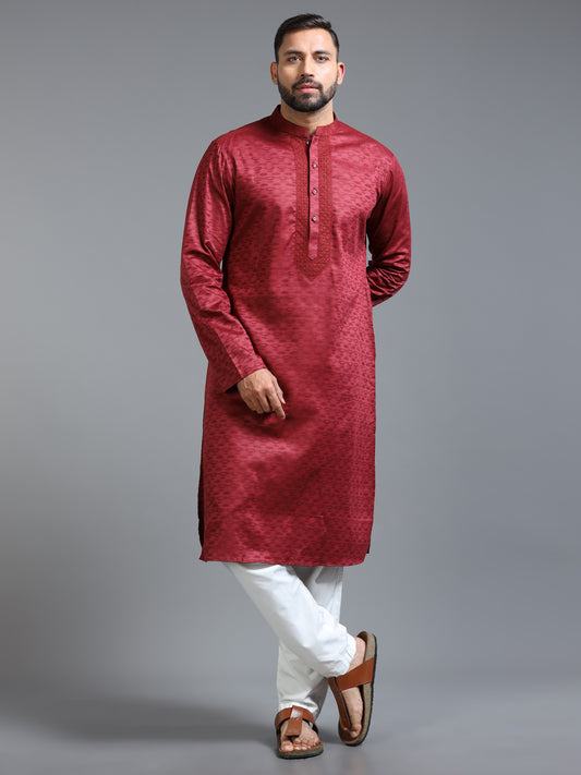 Red Jacquard Kurta Set for Men with White Pyjama