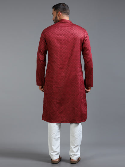 Red Jacquard Kurta Set for Men with White Pyjama