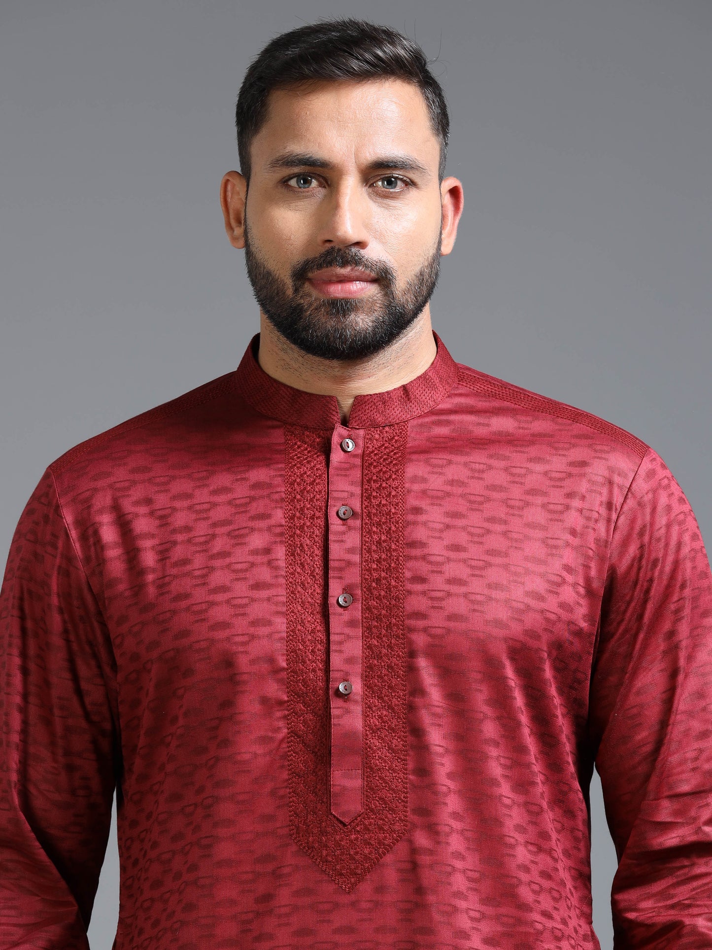 Red Jacquard Kurta Set for Men with White Pyjama