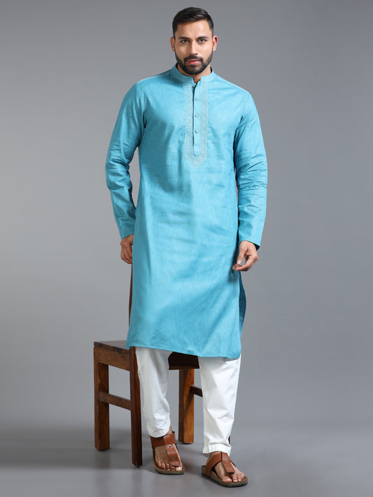 Light Blue Cotton Linen Kurta Pajama Set for Men