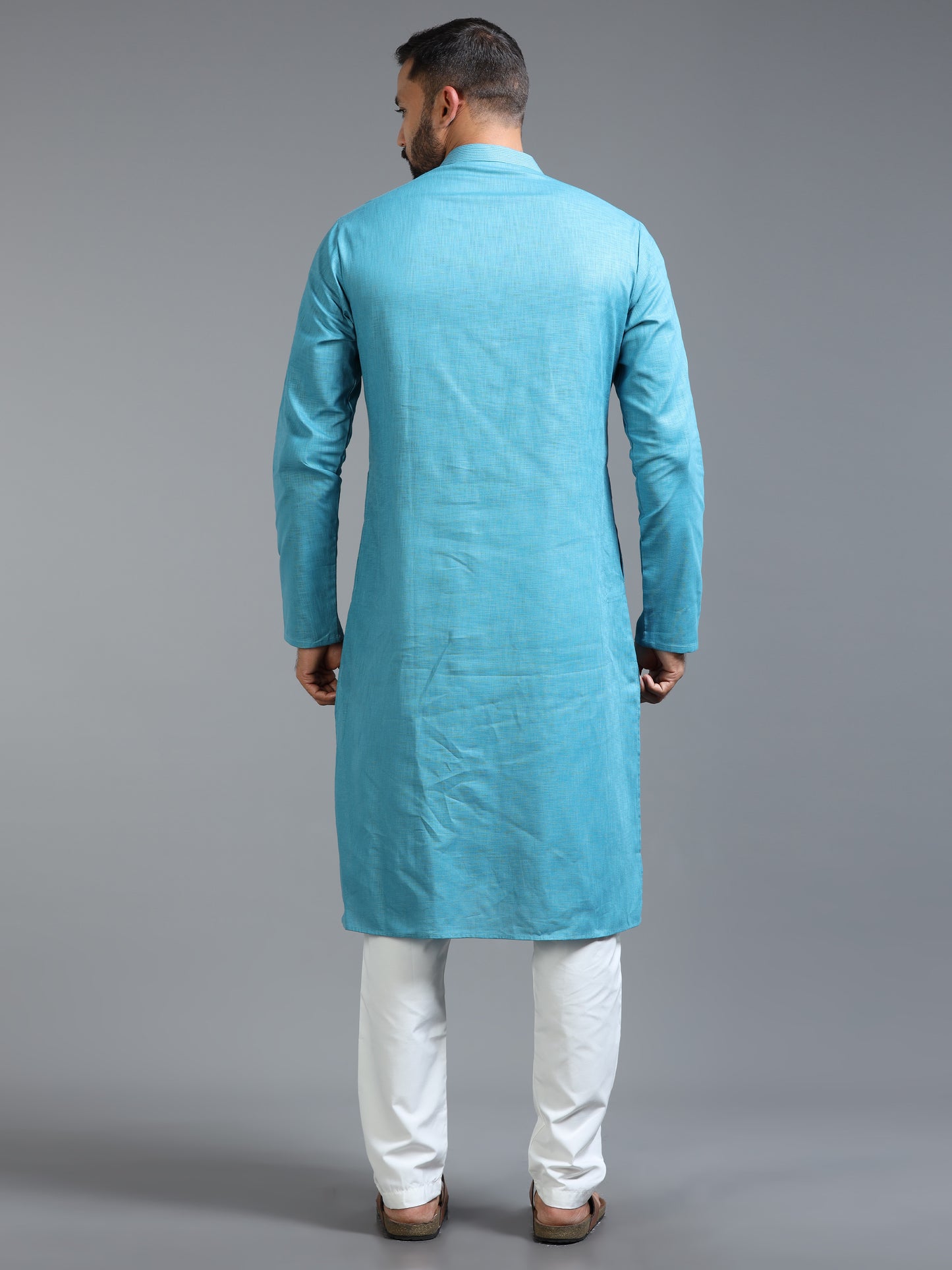 Light Blue Cotton Linen Kurta Pajama Set for Men