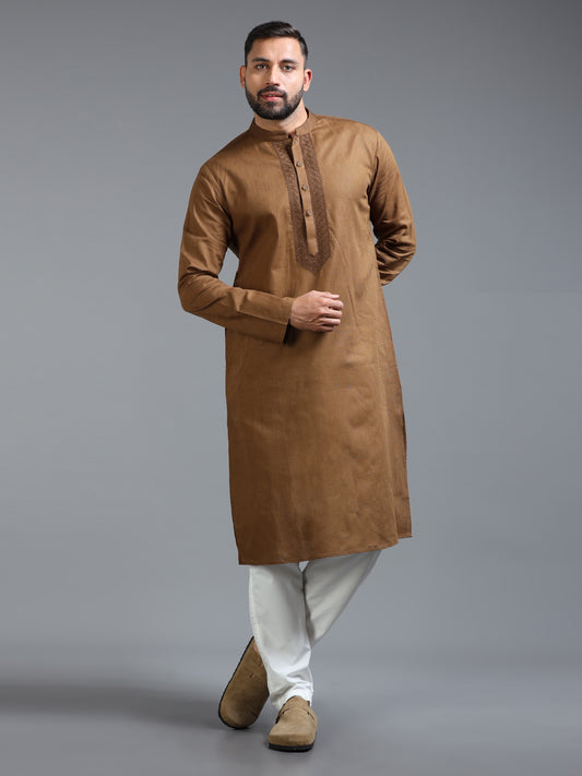 Brown Cotton Linen Kurta Pajama Set for Men