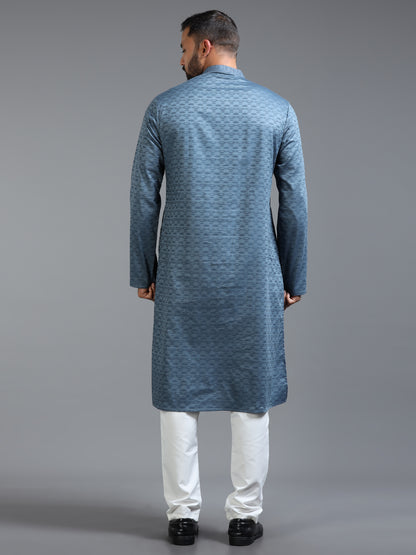 Blue Jacquard Kurta Set for Men with White Pyjama