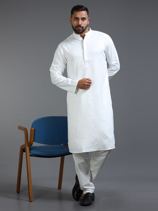 White Cotton Blend Jacquard Kurta Pyjama Set For Men
