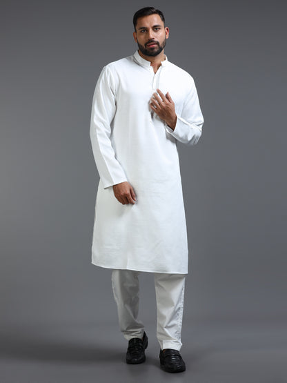 White Cotton Blend Jacquard Kurta Pyjama Set For Men