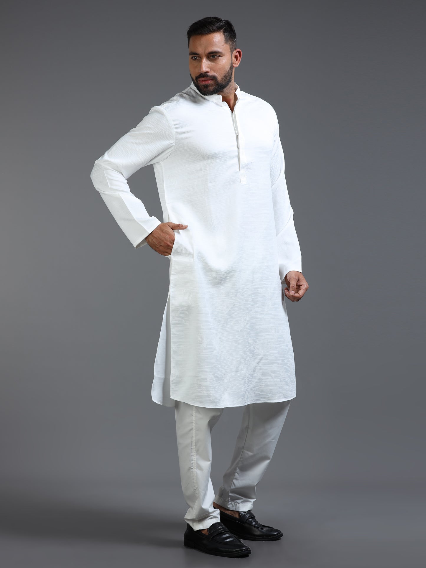 White Cotton Blend Jacquard Kurta Pyjama Set For Men