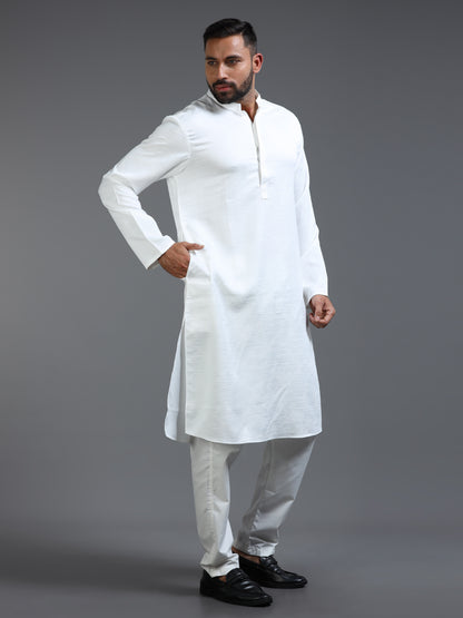 White Cotton Blend Jacquard Kurta Pyjama Set For Men