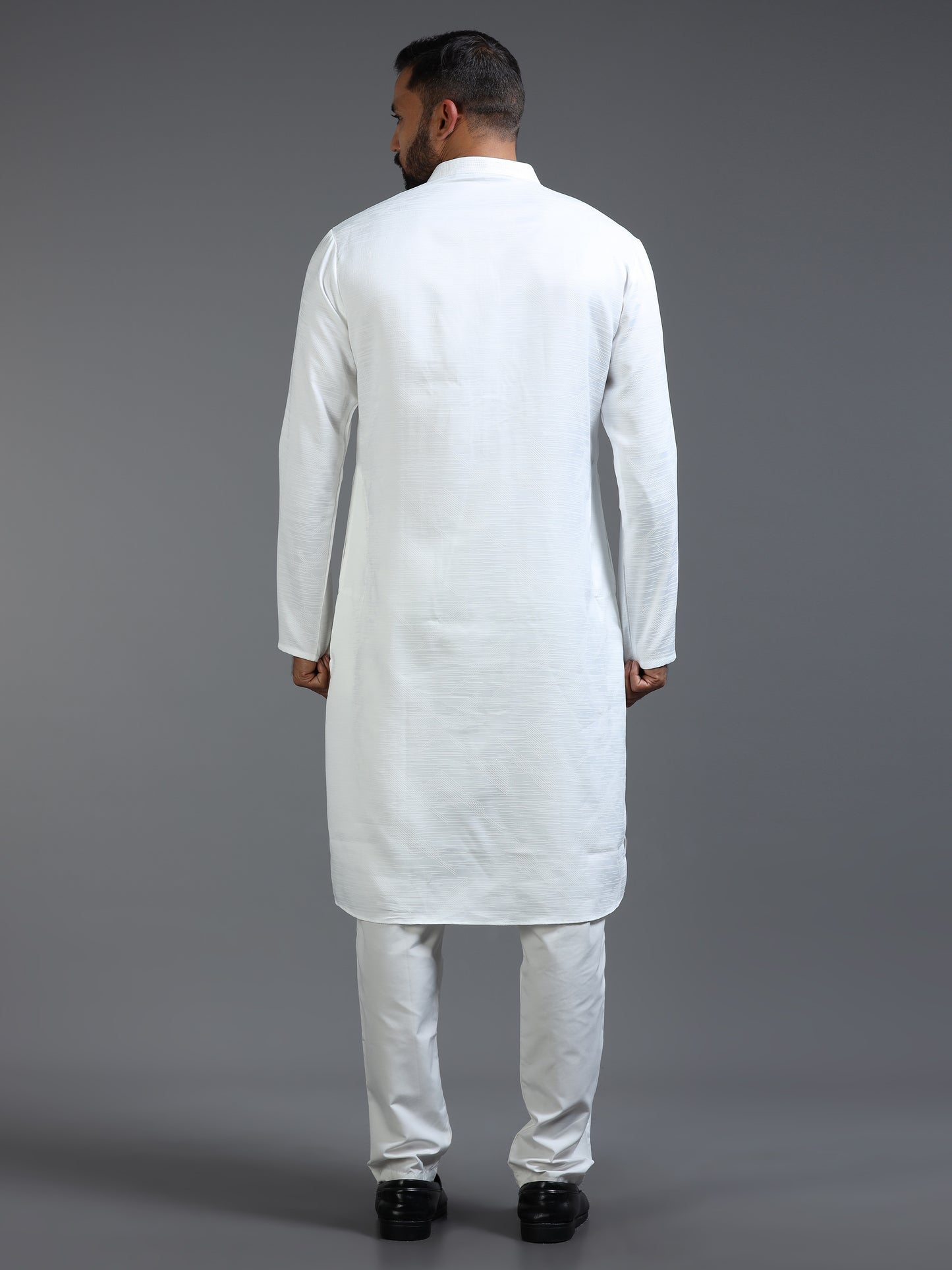 White Cotton Blend Jacquard Kurta Pyjama Set For Men