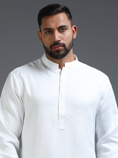 White Cotton Blend Jacquard Kurta Pyjama Set For Men