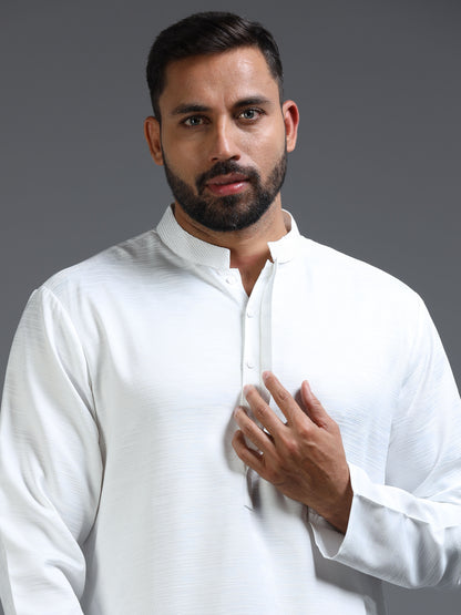 White Cotton Blend Jacquard Kurta Pyjama Set For Men