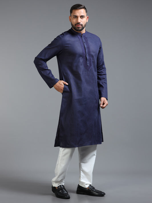 Navy Blue Cotton Linen Kurta Pajama Set for Men