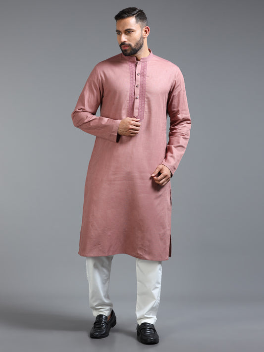 Pink Cotton Linen Kurta Pajama Set for Men