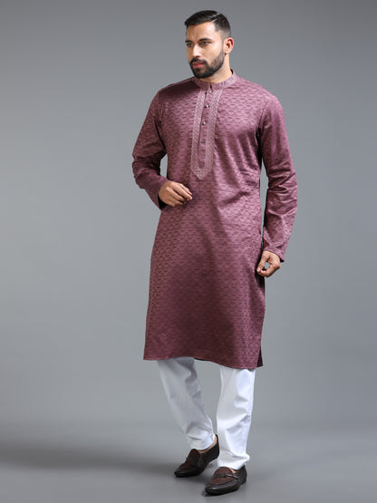 Pink Jacquard Kurta Set for Men with White Pyjama