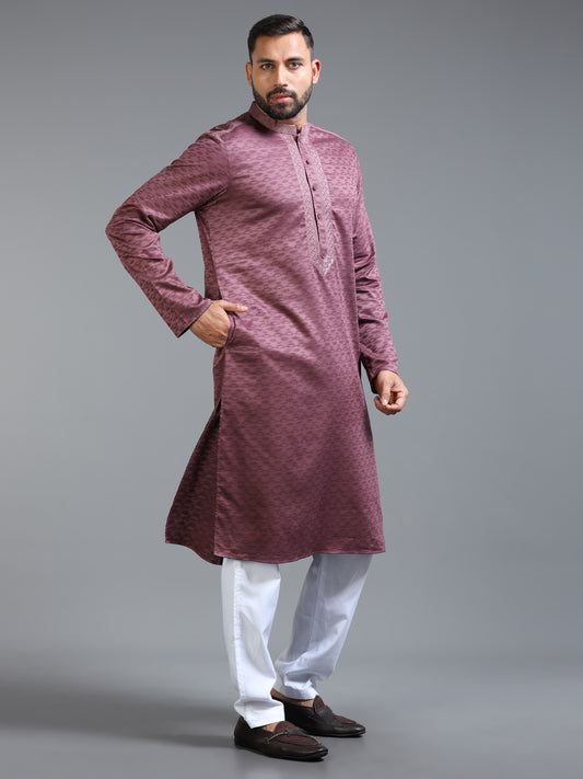 Pink Jacquard Kurta Set for Men with White Pyjama