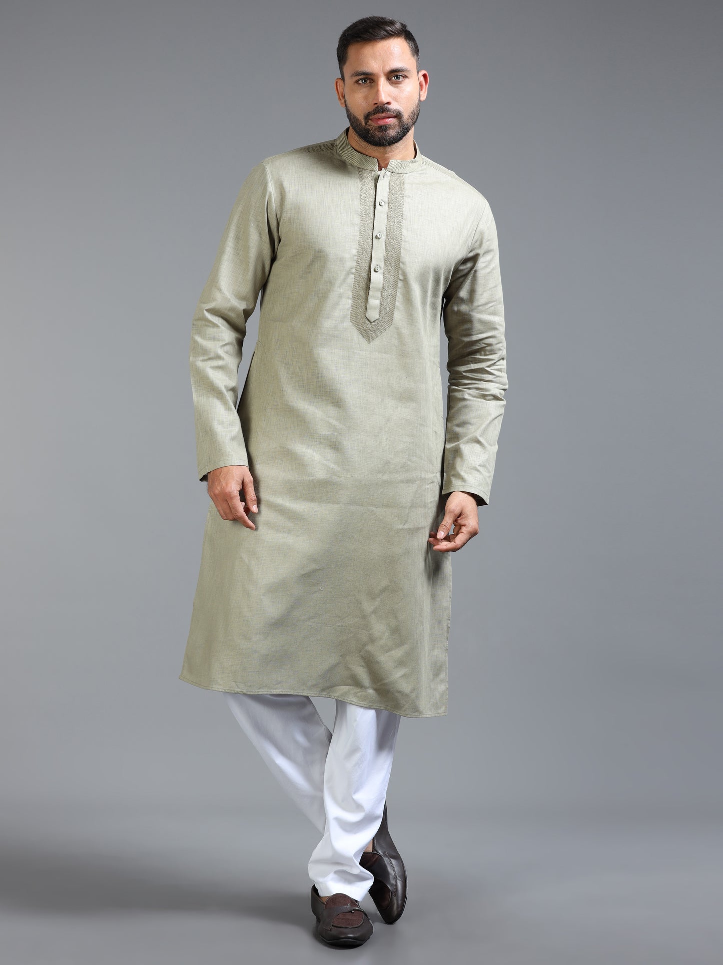 Sage Green Cotton Linen Kurta Pajama Set for Men