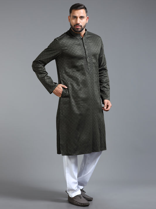Dark Olive Green Jacquard Kurta Set for Men with White Pyjama