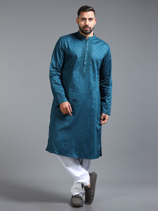 Teal Blue Jacquard Kurta Pyjama Set For Men