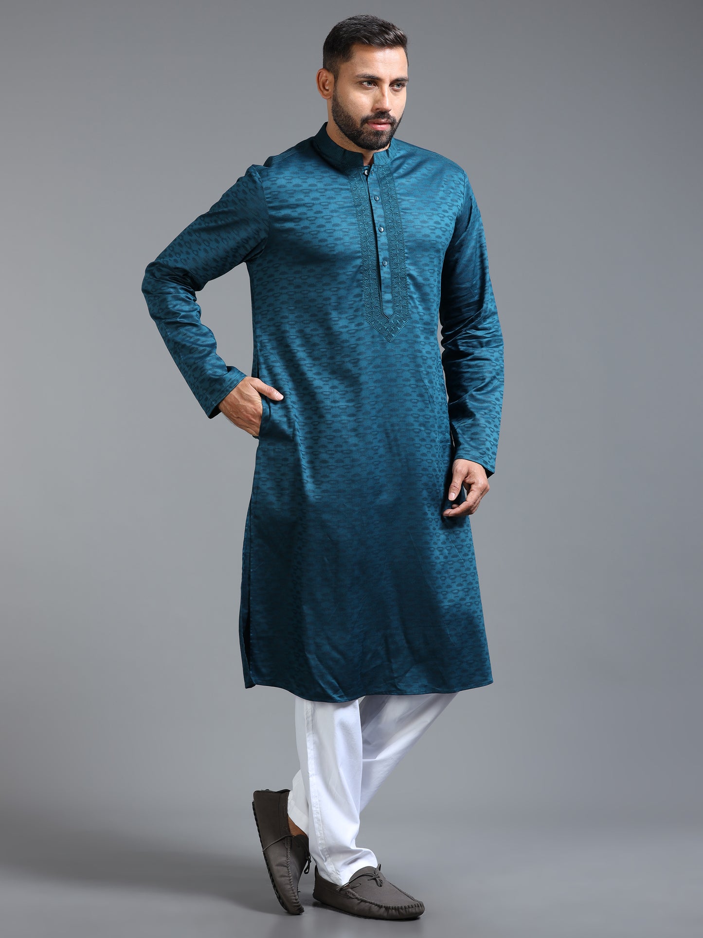 Teal Blue Jacquard Kurta Pyjama Set For Men
