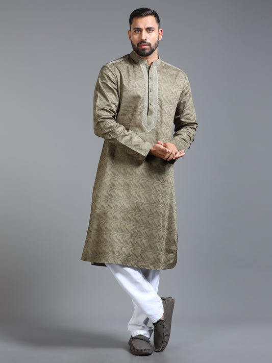 Olive Green Jacquard Kurta Set for Men with White Pyjama