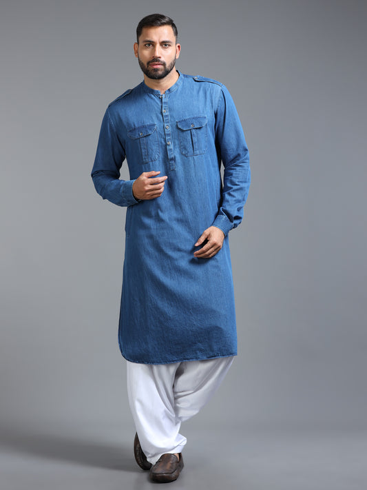 Men’s Blue Denim Pathani Set with White Salwar