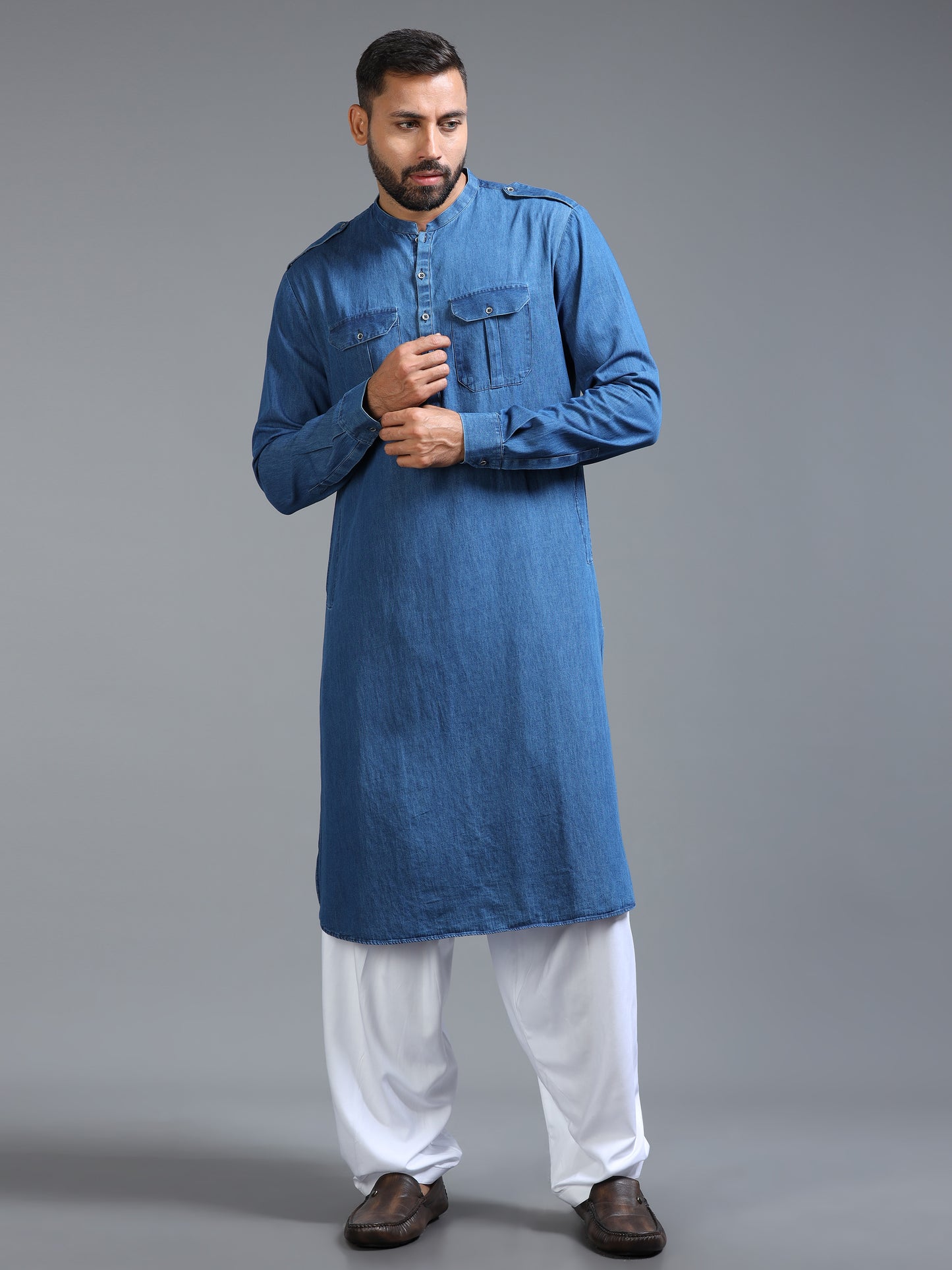 Men’s Blue Denim Pathani Set with White Salwar