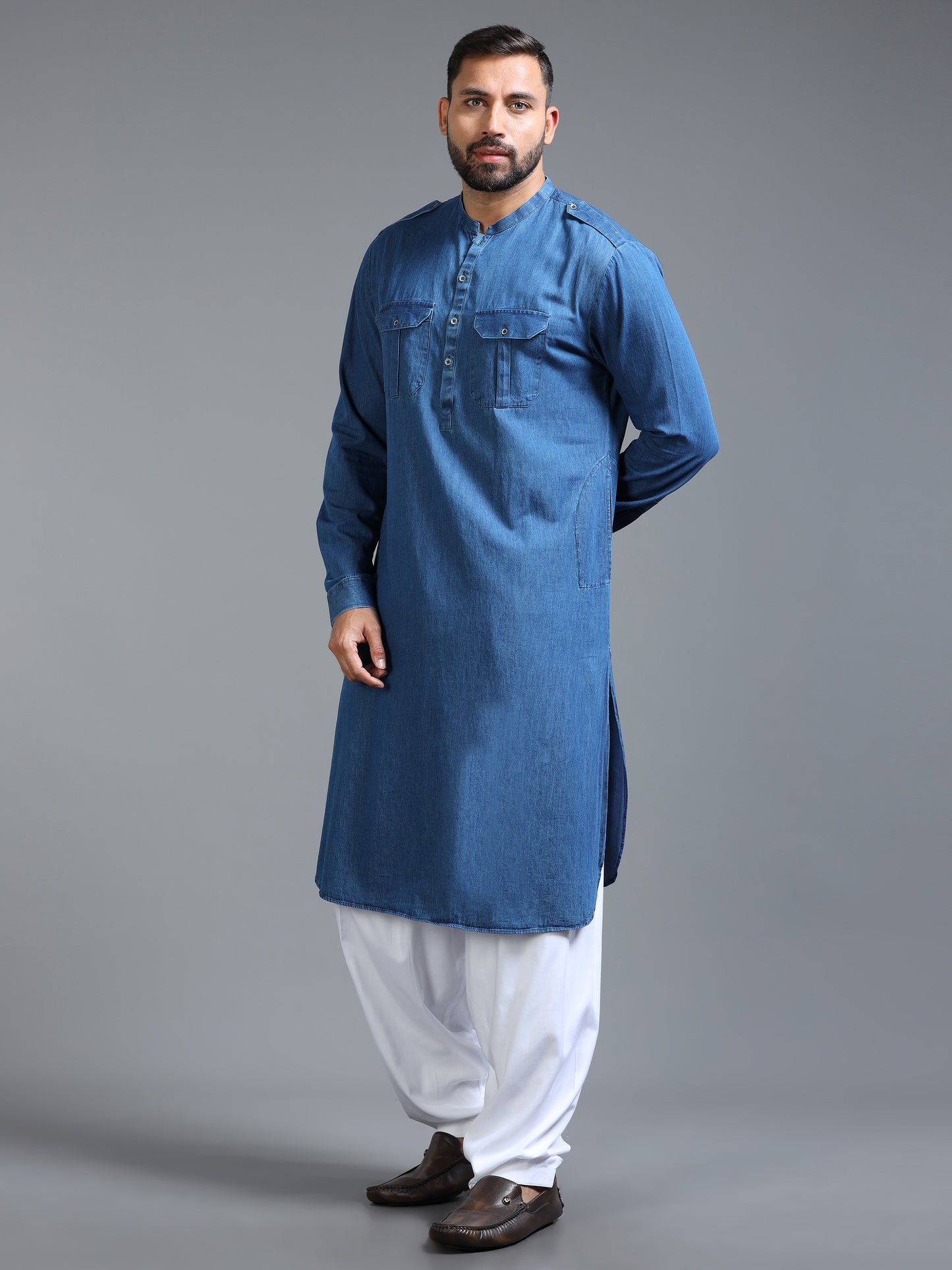 Men’s Blue Denim Pathani Set with White Salwar
