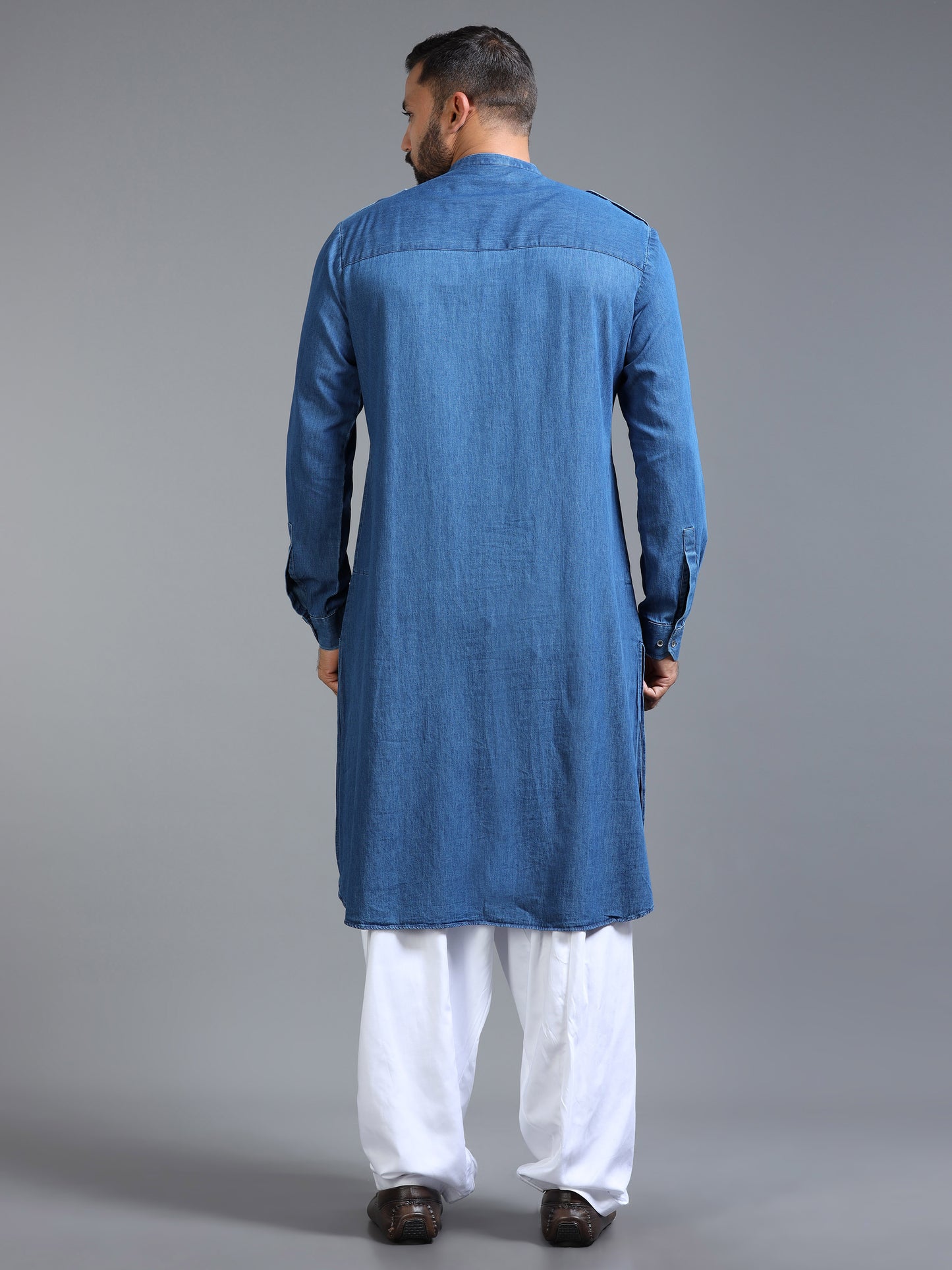 Men’s Blue Denim Pathani Set with White Salwar