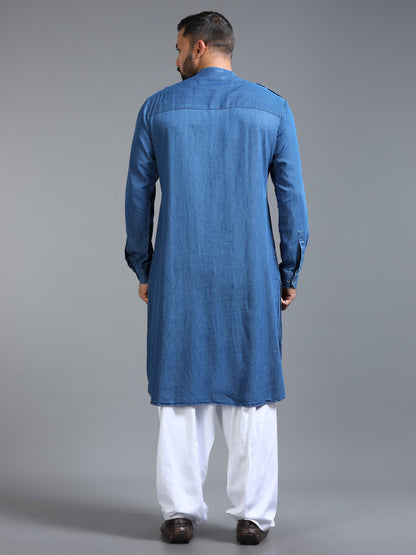 Men’s Blue Denim Pathani Set with White Salwar