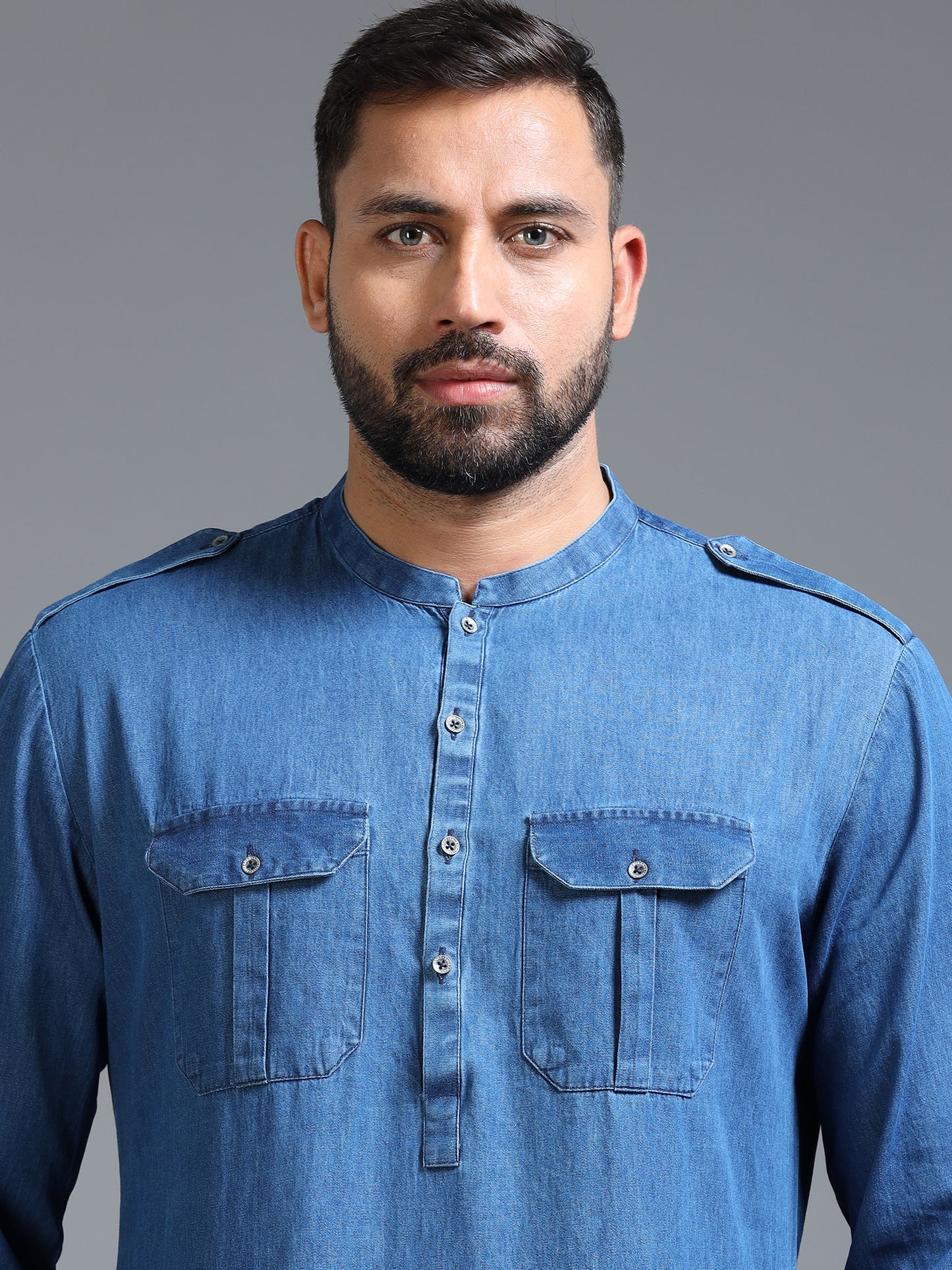 Men’s Blue Denim Pathani Set with White Salwar